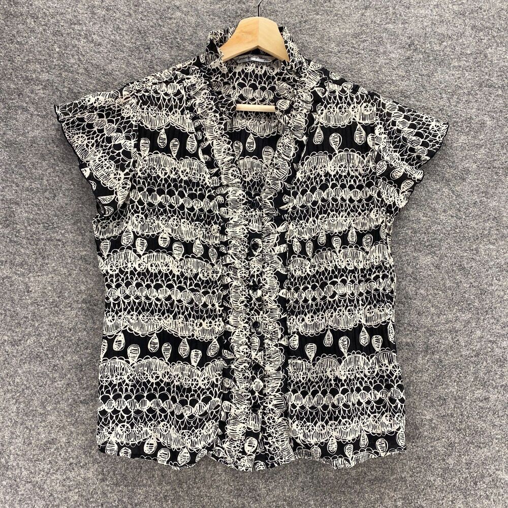 Larry Levine Blouse Women PM Petite Black Geometric Short Sleeve  Button Up